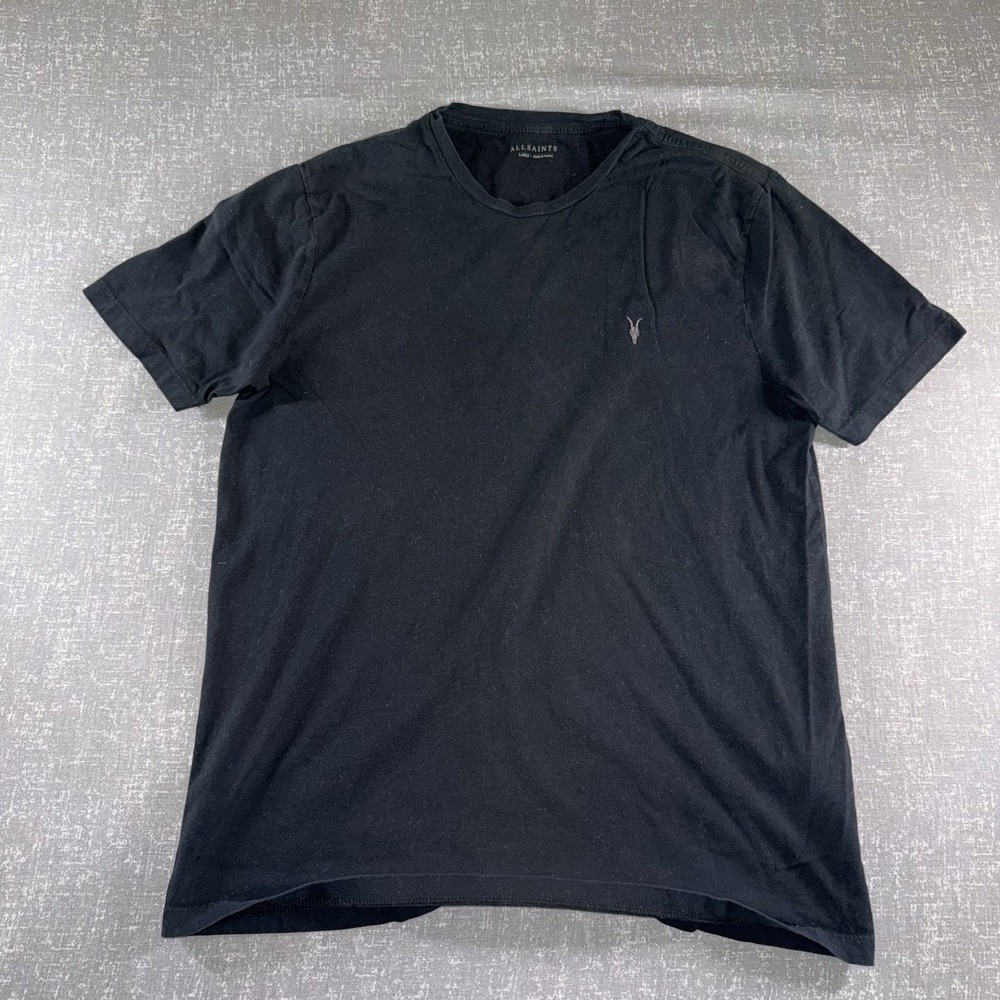 AllSaints Shirt Mens Large Black Ramskull Logo Tagless Basic Crewneck Tee